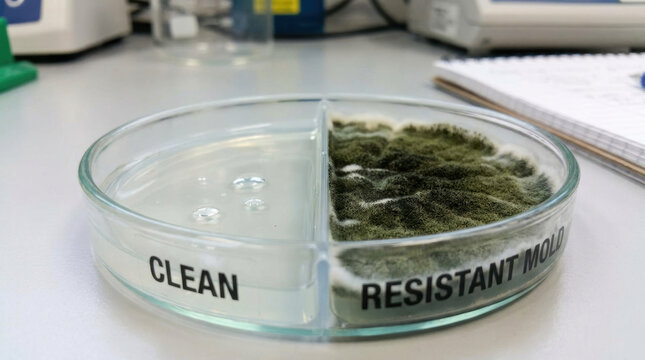 Antimicrobial resistance testing shows clean and mold resistant samples in divided petri dish highlighting microbial growth control