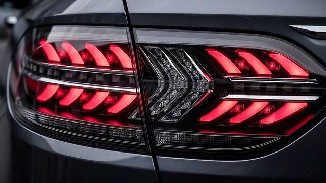 Automotive Rear Light Detail: Close-up view of a modern car's intricate red LED taillight cluster, highlighting its sleek design and illuminated pattern.