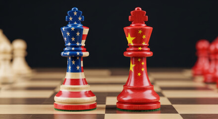 Fototapeta premium US chess king piece and China chess king piece on chessboard symbolizing us china trade tensions in global strategy game