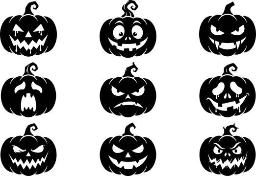 Halloween pumpkin silhouettes, set of 9 spooky jack-o-lantern icons. Black carved pumpkin faces, creepy holiday character graphics for stickers.