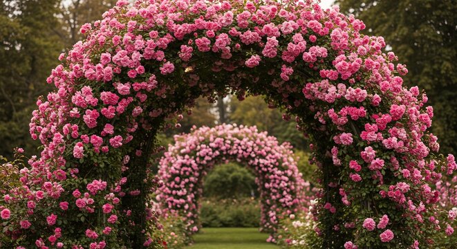 Rose Garden Archway: A picturesque pathway lined with stunning archways overflowing with vibrant pink roses, inviting visitors into a serene floral paradise.