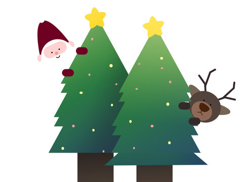 Cute Santa Claus and Reindeer Peeking Behind Christmas Trees, Flat Vector