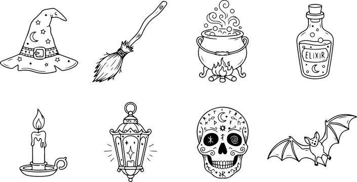Spooky Halloween doodle illustrations including witch hat, broom, cauldron, potion, and skull.
