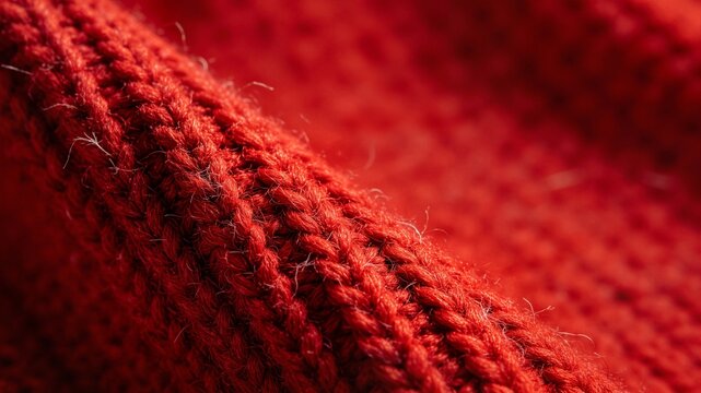 Close-up macro of chunky red cable-knit wool fabric showcasing individual yarn fibers and intricate woven stitch patterns in rich scarlet tone.