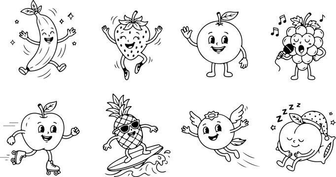 Happy cartoon fruits characters dancing surfing singing and sleeping for children.