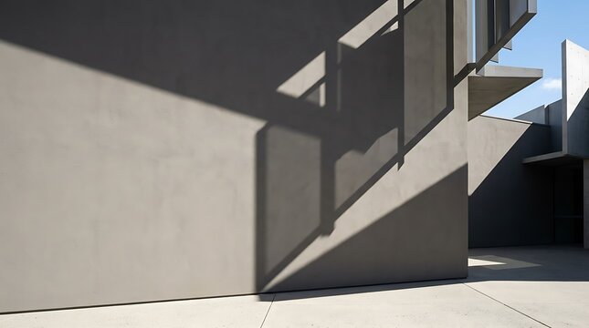 Geometric dark shadows cast onto a plain grey exterior wall of a modern concrete building under direct bright sunlight against a clear blue sky background.