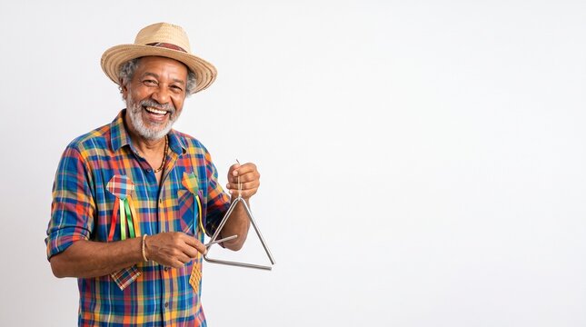Joyful Elderly Black Man Wearing Straw Hat and Plaid Shirt Playing Triangle Musical Instrument During Festa Junina Celebration