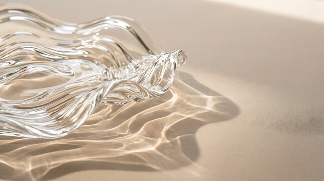 Close-up shot of a clear twisted glass sculpture resting on a neutral tan surface, casting intricate caustic light patterns and distorted water-like shadows under direct sunlight.