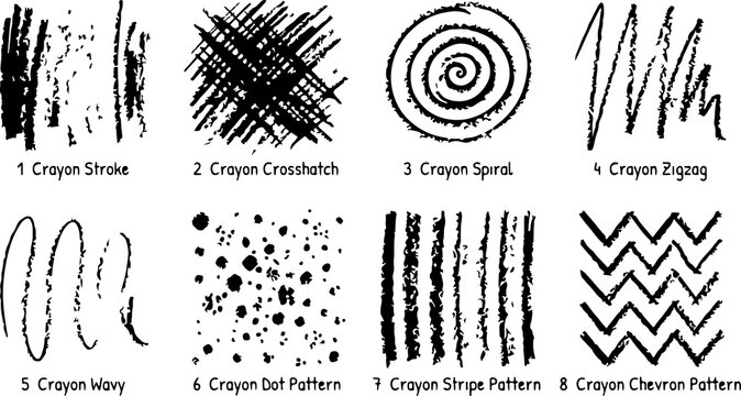 Eight different crayon stroke textures, including crosshatch, spiral, zigzag, wavy, dot pattern, stripes, and chevron.