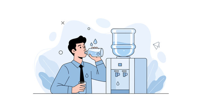 Office worker drinking water from a dispenser, emphasizing hydration and well-being in a modern workplace.