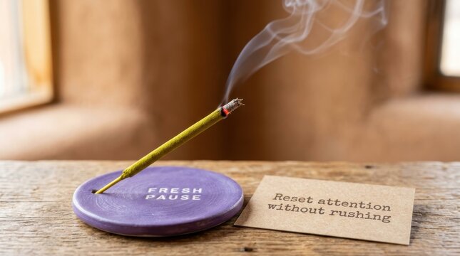 Incense stick burns on a purple holder with fresh pause text and a card saying reset attention without rushing on a wood table, showing peaceful mindfulness, meditation, and calm mental health relief.