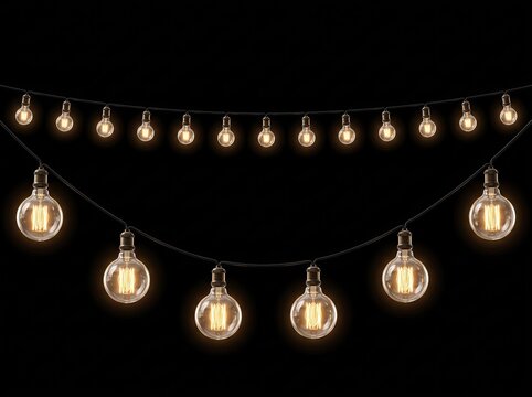 Glowing vintage edison light bulbs string lights on black background