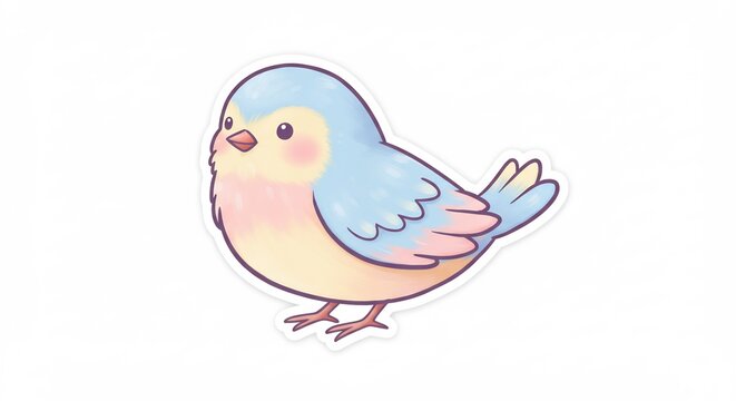 Cute Pastel Bird Illustration: A charming illustration of a plump, round bird with soft pastel blue, pink, and yellow feathers, featuring rosy cheeks and a tiny beak, perfect for whimsical designs.