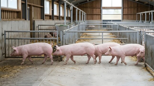 Row of Young Pink Pigs Walking Along Corridor in Modern Livestock Barn