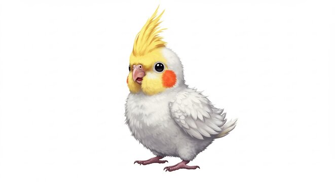 Cockatiel: A charming illustration of a fluffy cockatiel with a distinctive crest, yellow head, and rosy cheeks. This adorable bird is a popular pet, known for its gentle nature and melodic chirps.