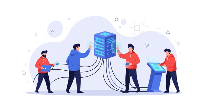Team of Developers Working on Server Rack, Data Center, and Futuristic Interface for Digital Project
