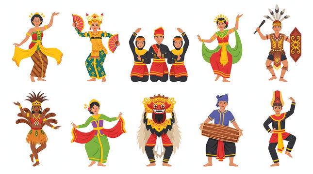 Collection of diverse Indonesian regional dancers and performers in traditional heritage costumes