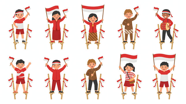 Indonesian children playing bamboo stilts egrang and waving flags for independence day celebration