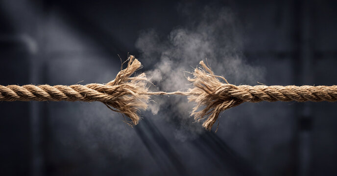 Frayed rope breaking under extreme pressure causing tension and stress depicted through cinematic dark background lighting with dust particles flying
