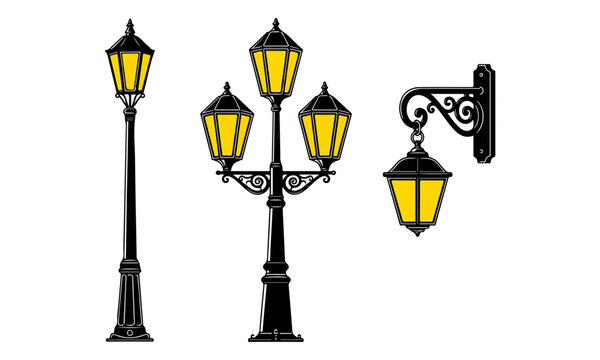 Vintage Outdoor Street Lamp and Wall Lantern Illustration Set