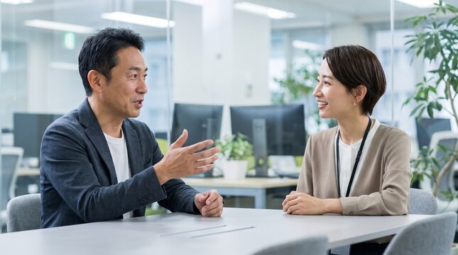 Japanese man and woman in business attire discussing at a modern office table
