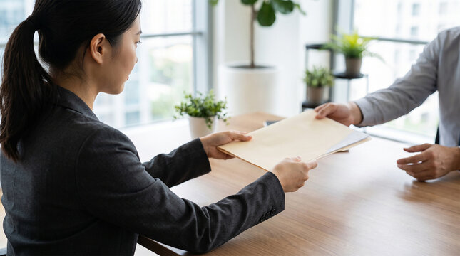 Businesswoman handing over documents folder to colleague in modern office meeting room with plants
