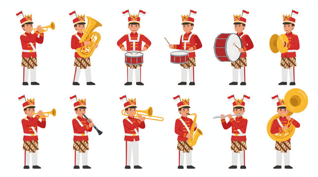Indonesian marching band musicians wearing red uniforms and batik playing various instruments