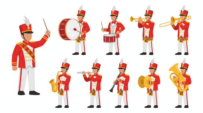 Set of marching band performers in red uniforms playing wind and percussion instruments