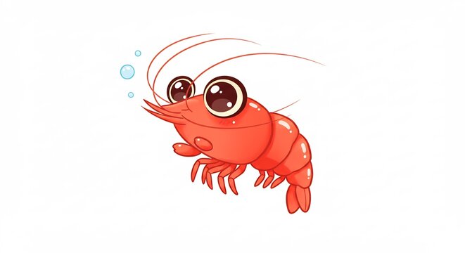 Cute Cartoon Shrimp: An adorable, animated shrimp with large, expressive eyes swims playfully, surrounded by tiny bubbles, bringing a touch of whimsical charm.