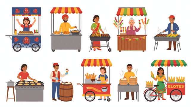 Diverse street food vendors serving various international snacks and local delicacies