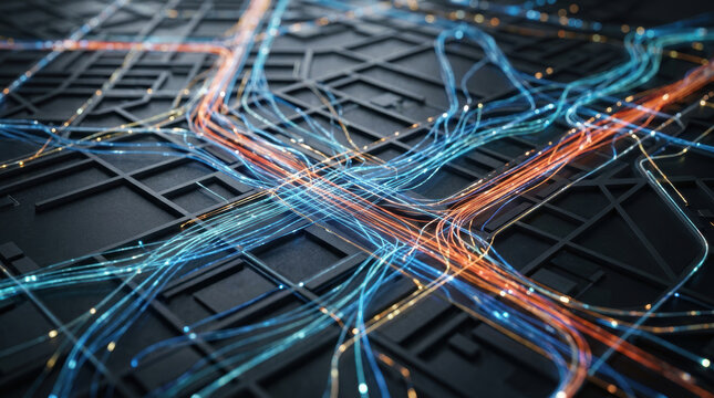 Urban planning smart cities concept with illuminated data flow lines on dark city map showing dynamic network connections and infrastructure