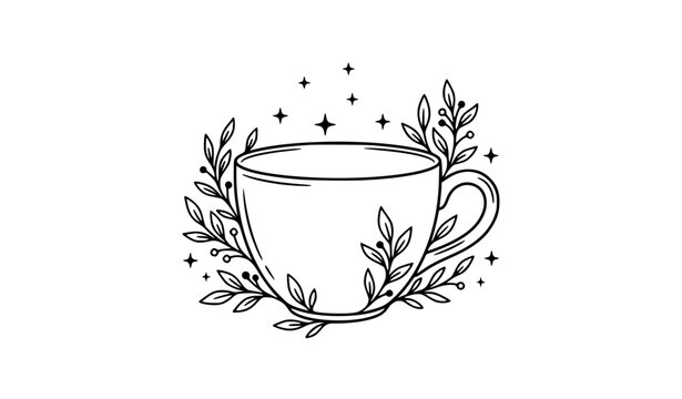 Minimal black and white teacup and saucer with botanical leaves and starburst accents vector