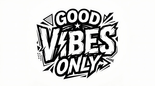 Bold graphic lettering GOOD VIBES ONLY with lightning bolts against abstract shapes during bright illumination