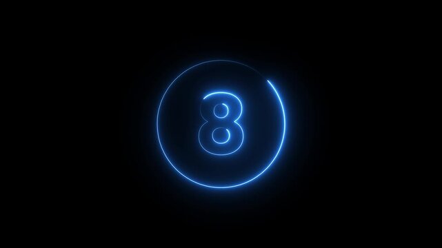 Neon blue number eight glowing inside circular frame isolated on black background video clip.