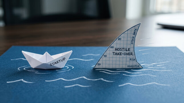 Merger and acquisition concepts shown with paper boat and shark fin representing hostile take over risk in business