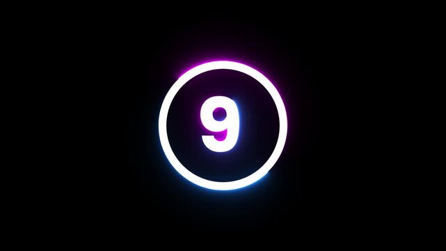 Neon countdown timer number nine glowing in blue and purple light against black background.