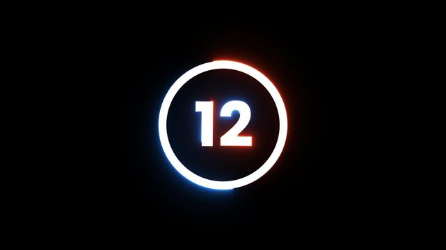 Countdown clock number twelve glowing with blue and red neon rings on dark black background.