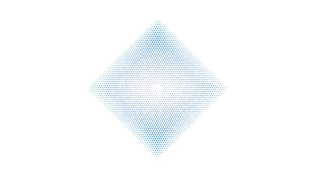 Blue diamond shape made of small glowing dots and horizontal lines on a black background, digital abstract for technology
