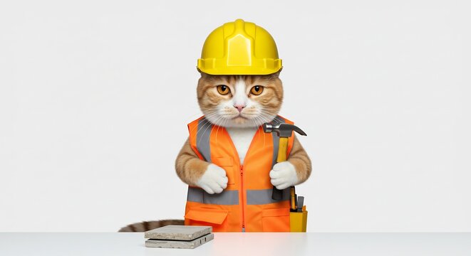 A Construction Worker Cat: A tabby cat wearing a yellow hard hat and orange safety vest, holding a hammer and looking at the camera with a determined expression.