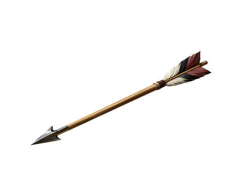 Traditional wooden arrow with metal arrowhead and colorful fletching on white background.