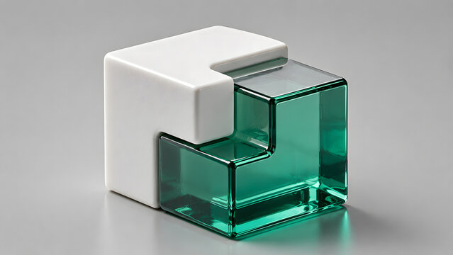 A geometric puzzle sculpture consisting of an interlocking matte white L-shaped ceramic piece and a translucent teal glass piece sitting on a grey background.