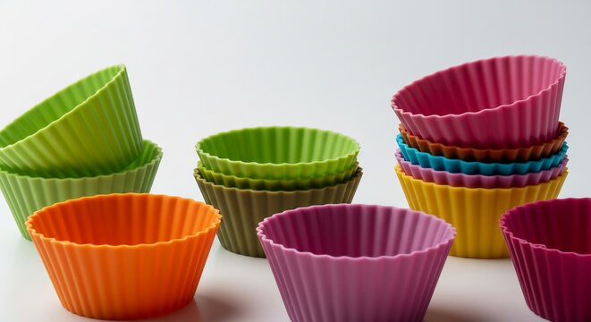 Colorful Silicone Baking Cups: A vibrant collection of reusable silicone baking cups in an array of bright colors, perfect for muffins, cupcakes, and other sweet treats.