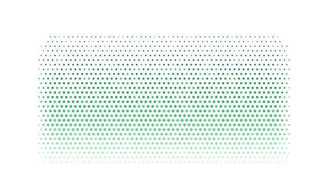 A rectangular shape formed by a grid of small squares with a gradient of green and light colors on a black background, for digital