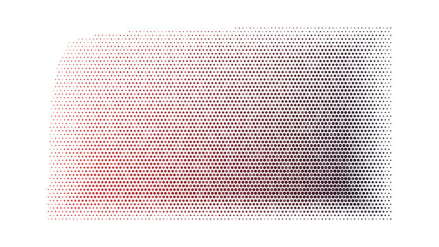 A rectangular shape formed by a grid of small squares with a gradient of red and dark blue colors on a black background, for digital