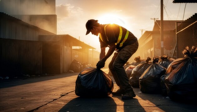 Silhouette of a worker bending down and lifting a large heavy garbage sack.
