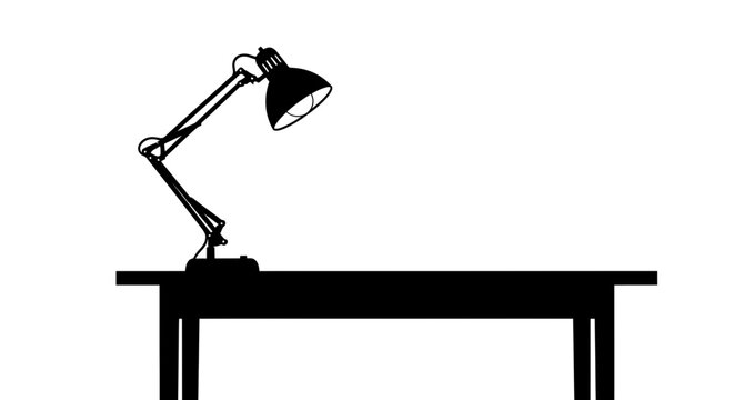 Silhouette of a classic desk lamp on a table, isolated on a white background. Office lighting and workspace concept graphic.