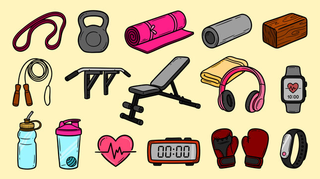 Hand drawn fitness and workout equipment set doodles vector illustration clip art