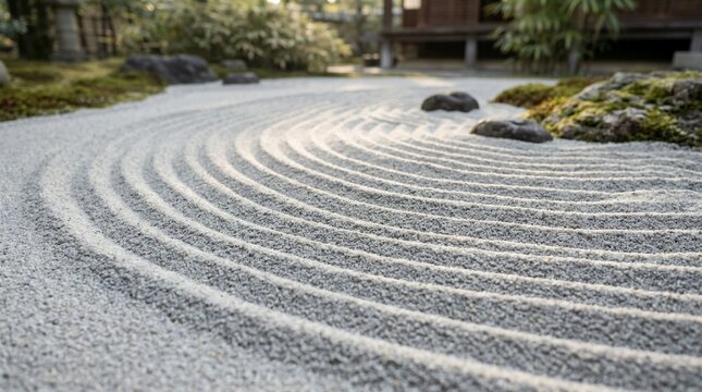 Zen Garden Raked Sand Waves and Rocks Serene Landscape.
