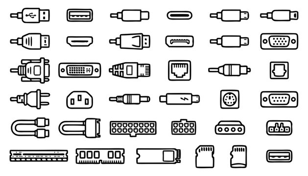 Computer Cable Connectors and Hardware Component Icon Set with USB HDMI VGA Ethernet Ports Memory RAM and Storage Drive Doodle Line Art Vectors