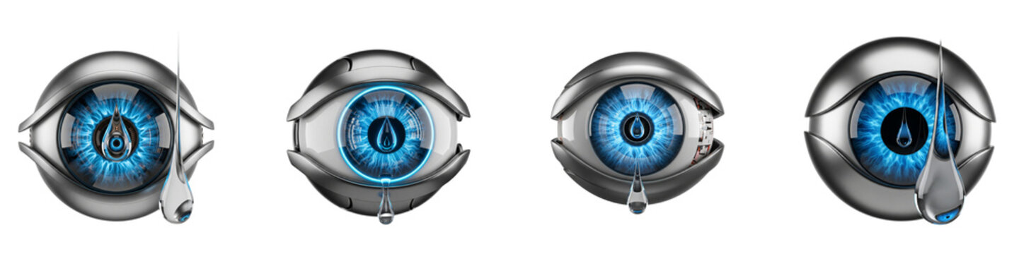 Robotic artificial eyes with glowing blue irises and liquid teardrops
